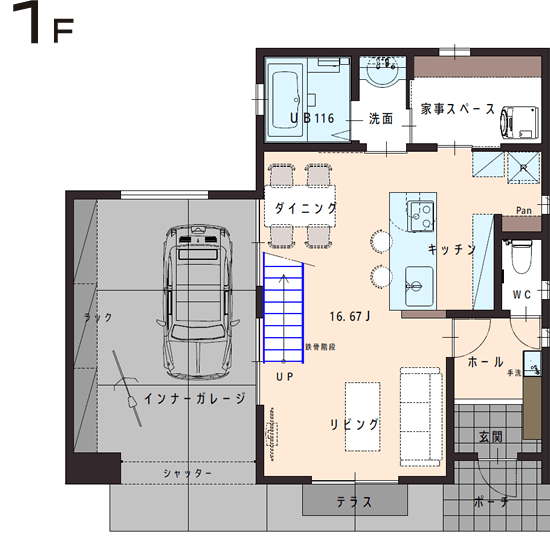 ガレージハウスモデルプラン01　間取り1F