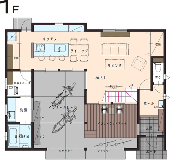 ガレージハウスモデルプラン02　間取り1F