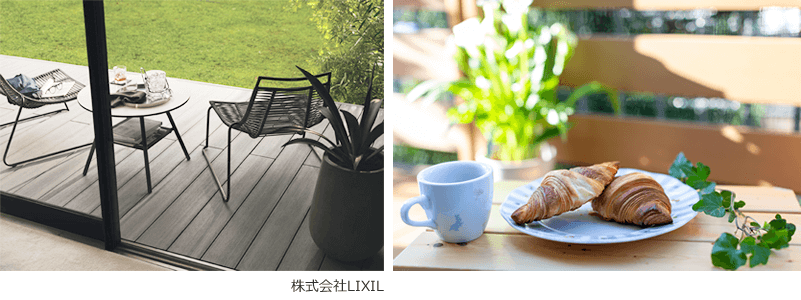 ウッドデッキで食事やリラックスをするイメージ